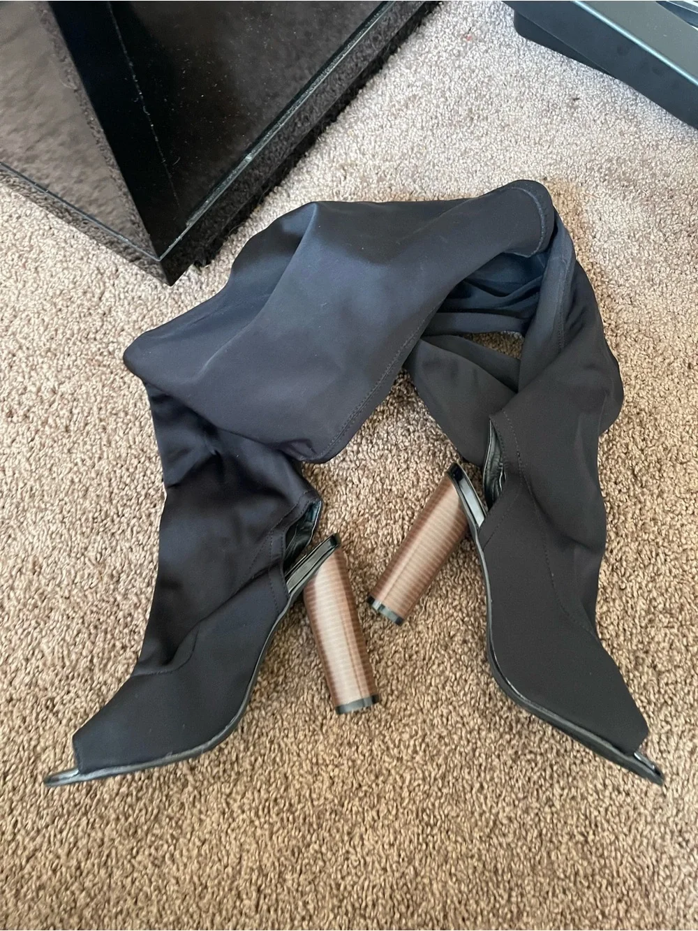 Black Stretch Peep-Toe Sock Boots